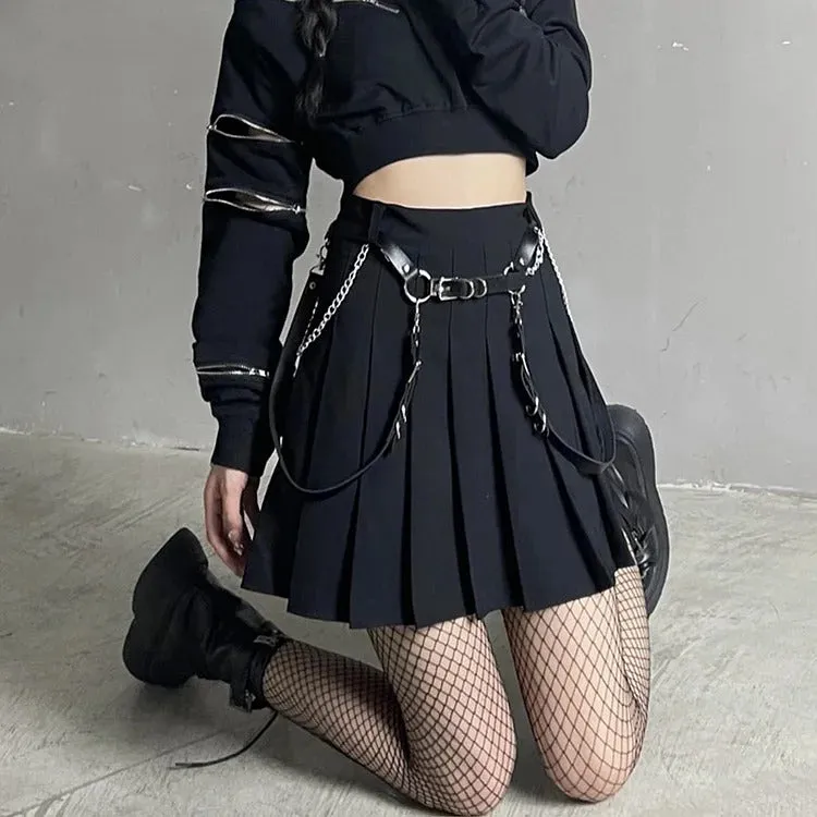 Gothic Zipper Crop Sweatshirt and Pleated Skirt Set - Street Fashion