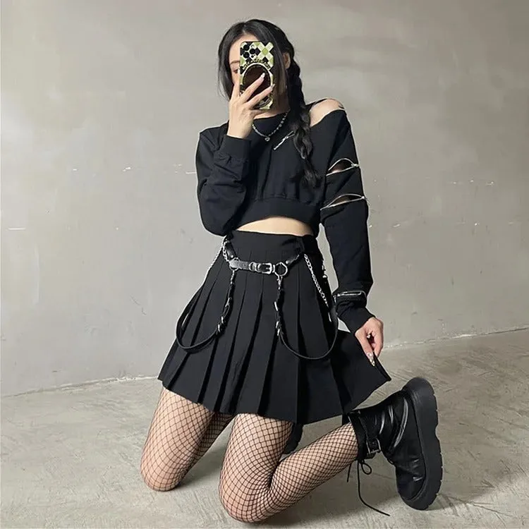 Gothic Zipper Crop Sweatshirt and Pleated Skirt Set - Street Fashion