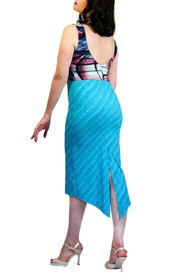 graphic blue tango dress with back slit