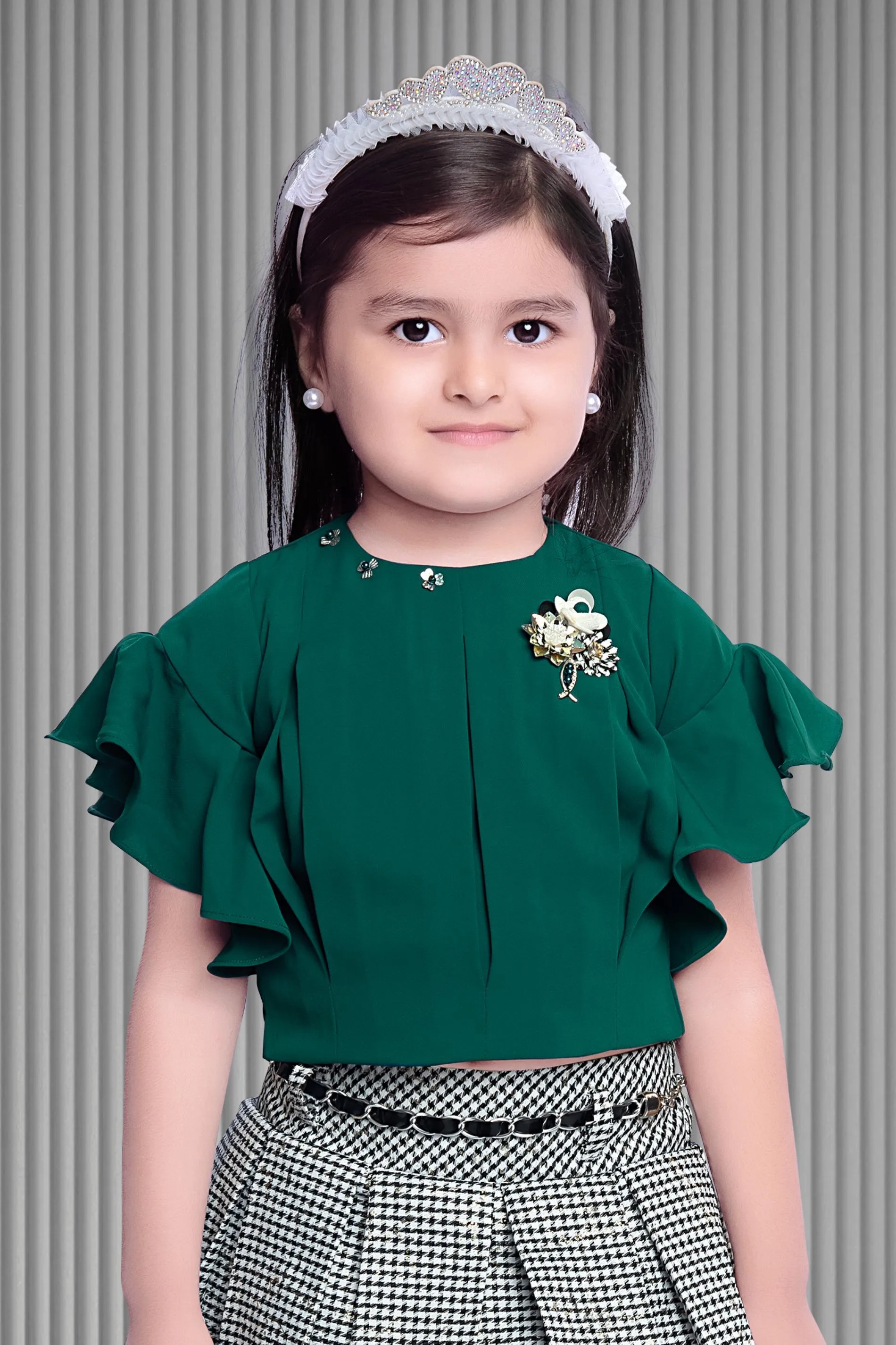 Green, White with Black Print Top and Divider Skirt for Girls with Belt