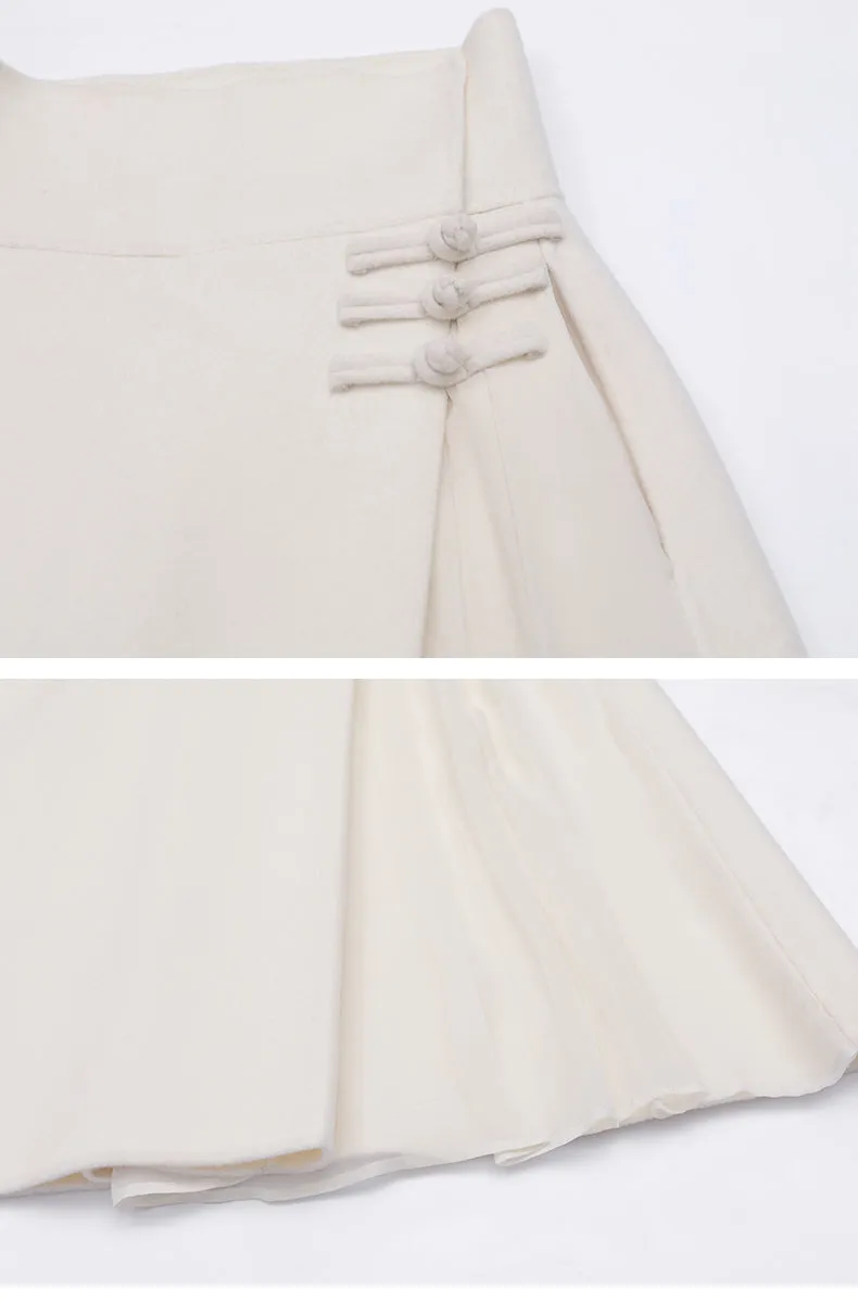 High Waist Pleated Wrap Long Woolen Skirt / Chinese Style