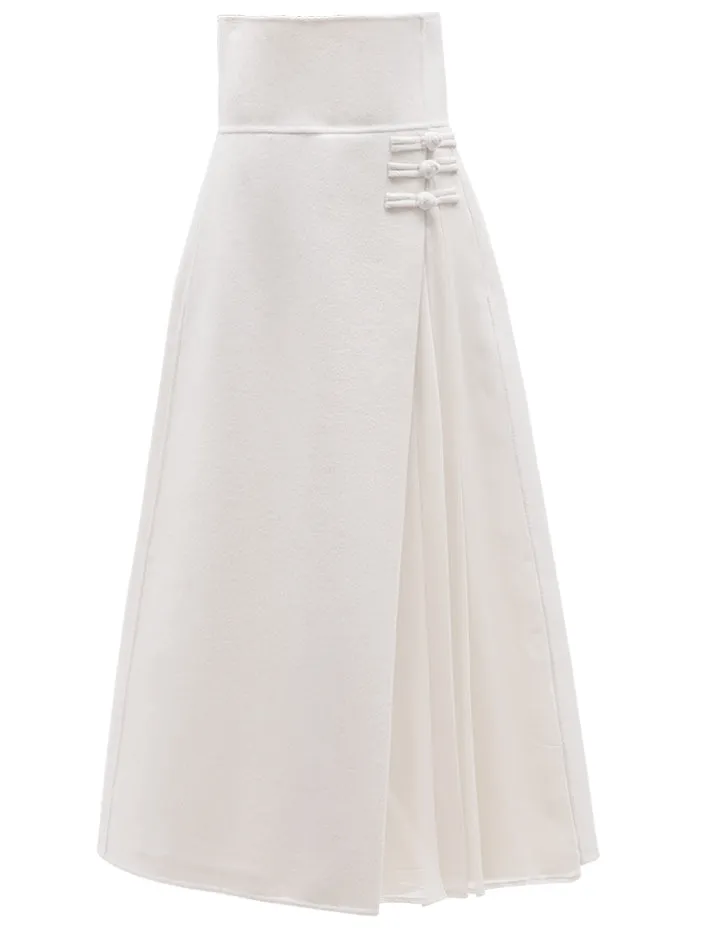 High Waist Pleated Wrap Long Woolen Skirt / Chinese Style