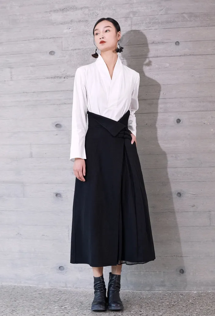 High Waist Pleated Wrap Long Woolen Skirt / Chinese Style