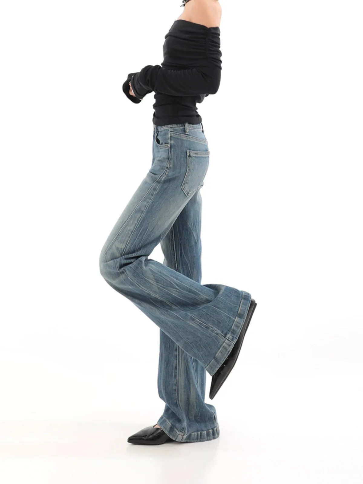 High Waist Vintage Wash Bell Bottom Jeans