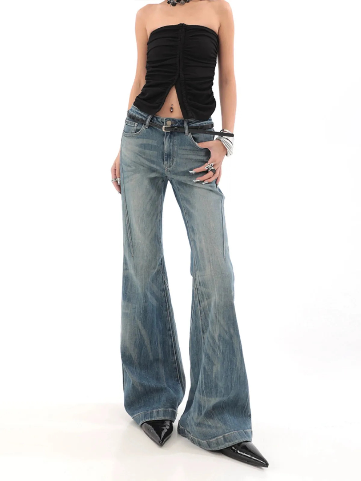 High Waist Vintage Wash Bell Bottom Jeans