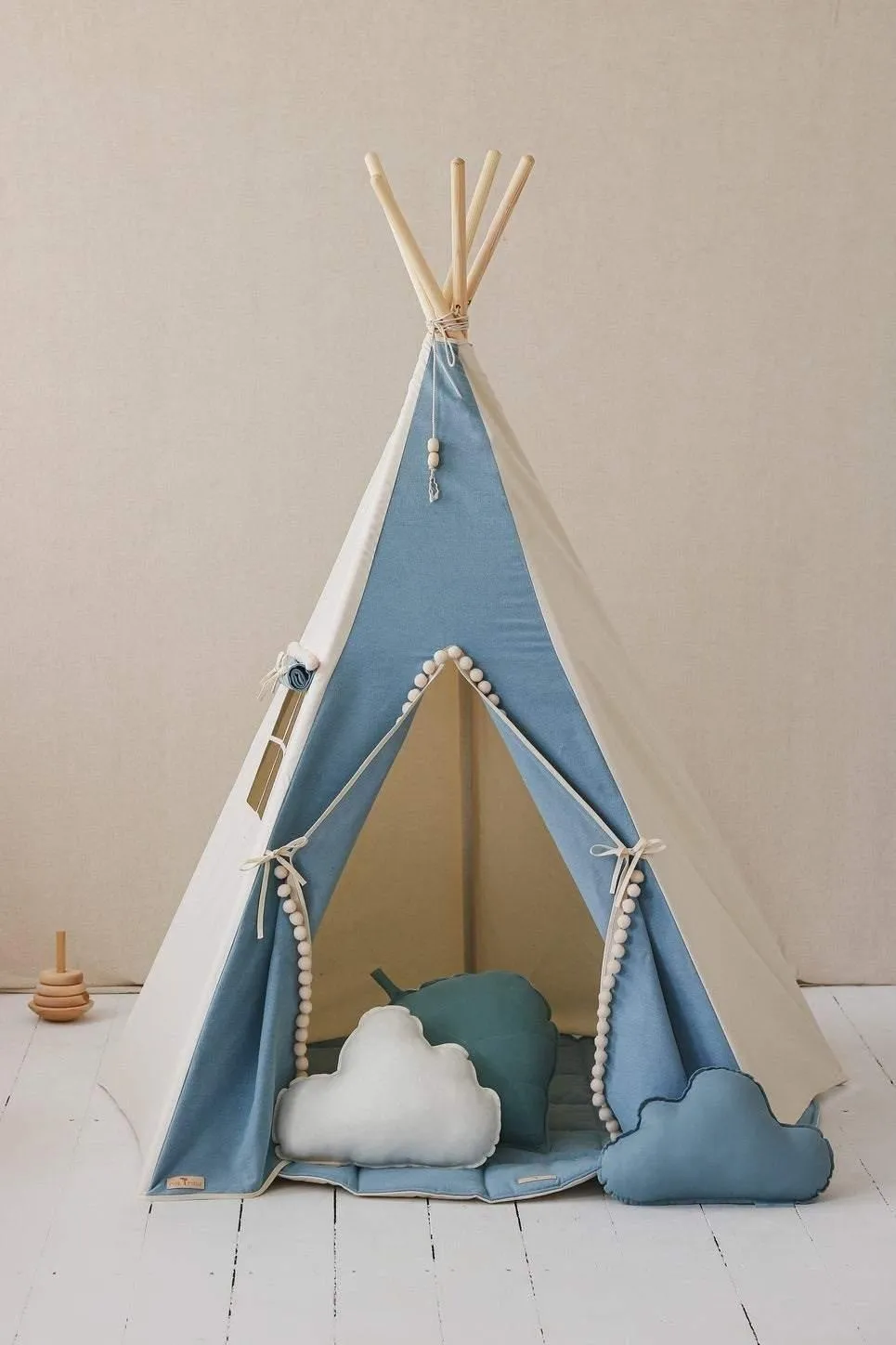 Jeans Teepee With Pompoms And Round Mat Set