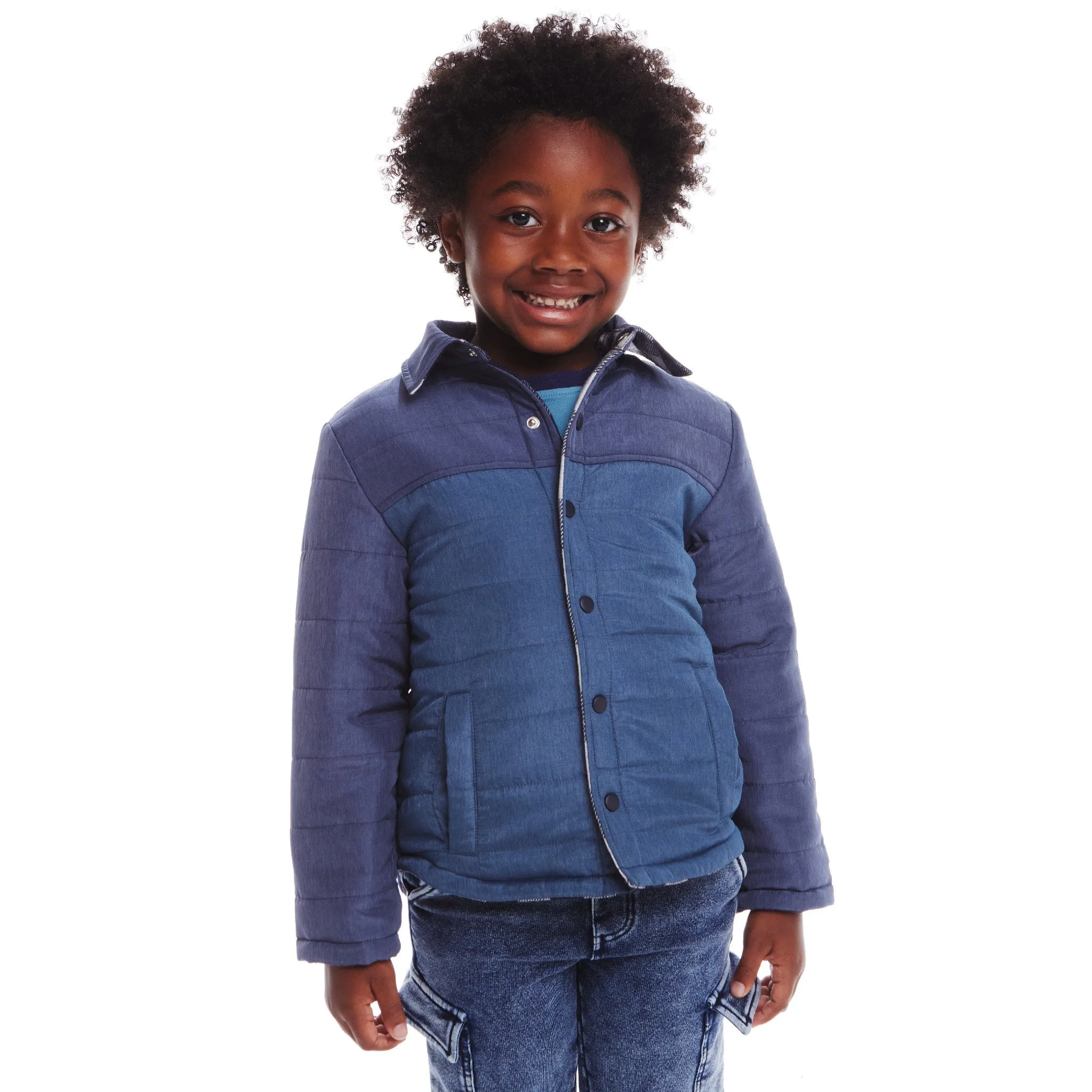 Kids Reversible Flannel Puffer Jacket | Navy & White