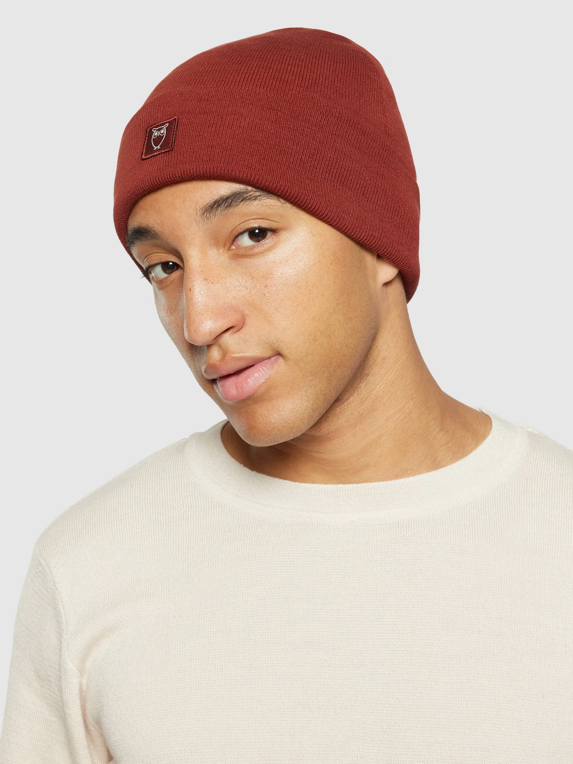 Knitted rib beanie - Fired Brick