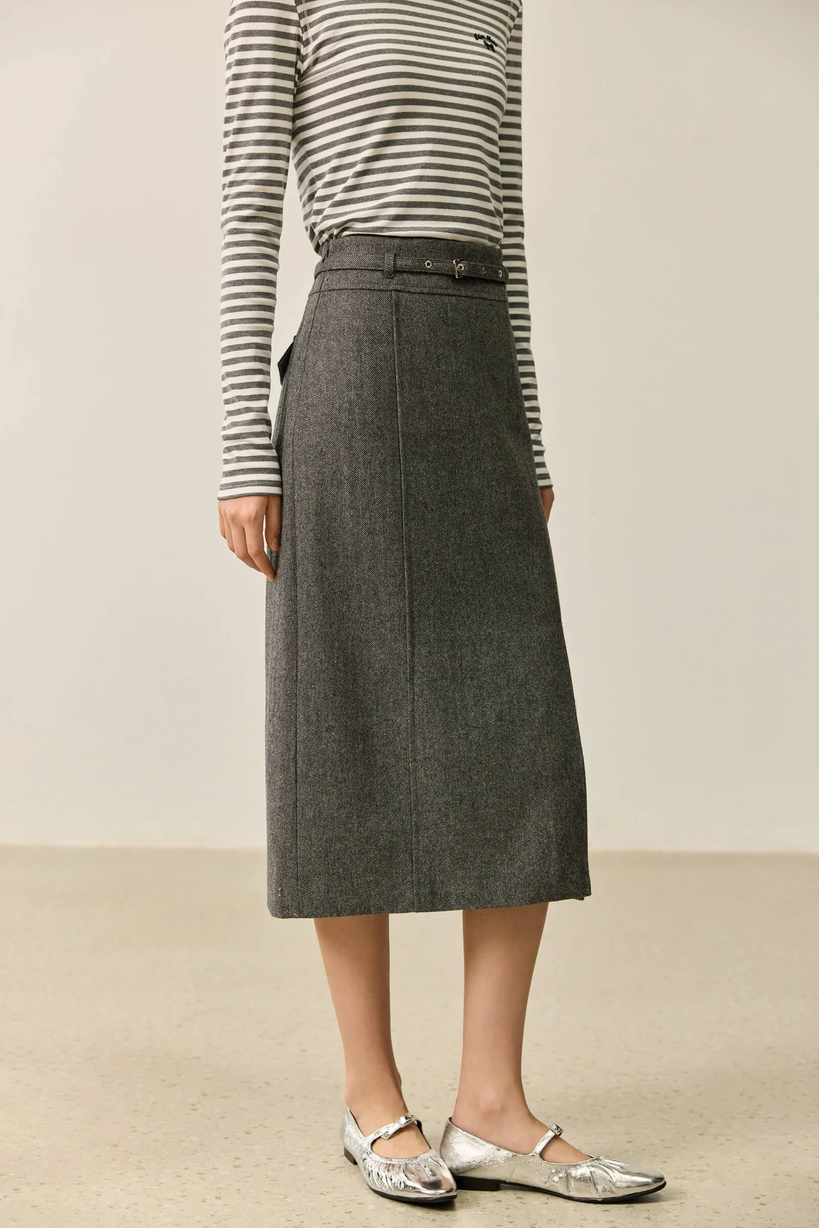 LILY Grey-Tone Wool High-Waisted Pencil Skirt