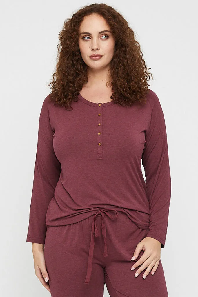 Long Sleeve Henley Top - Burgundy