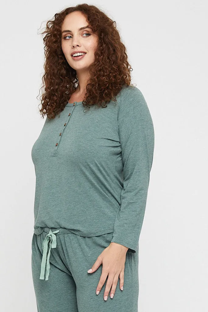 Long Sleeve Henley Top - Moss Green