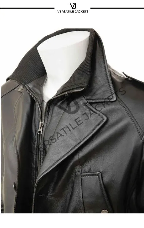 Men’s High-Neck Black Leather Peacoat Jacket