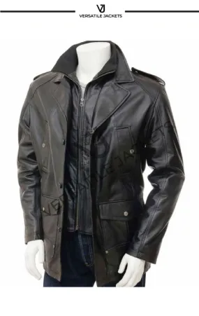 Men’s High-Neck Black Leather Peacoat Jacket