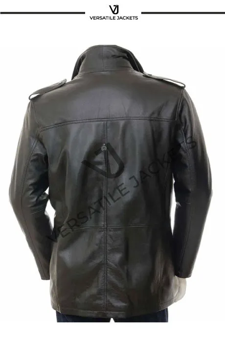 Men’s High-Neck Black Leather Peacoat Jacket