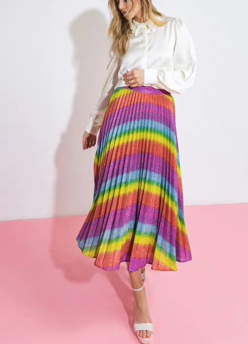 Metallic Rainbow Pleated Midi Skirt