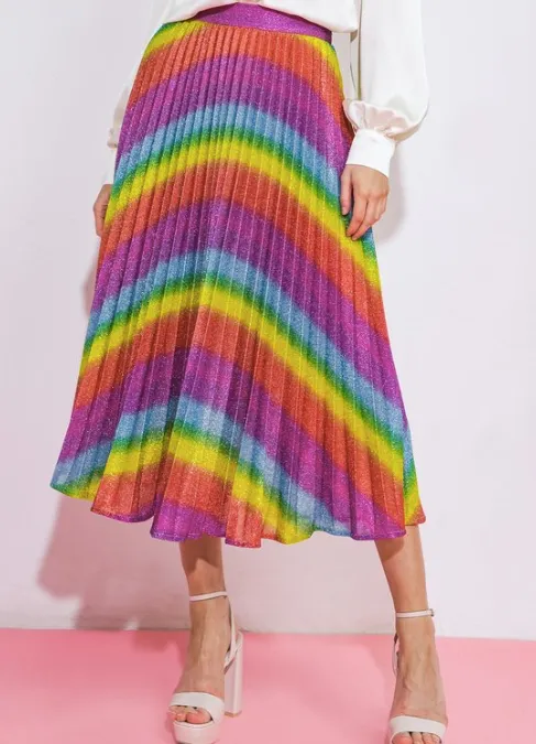 Metallic Rainbow Pleated Midi Skirt