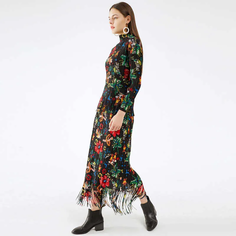 Miyake Pleated Floral Fringe Hem Top and Skirt Set