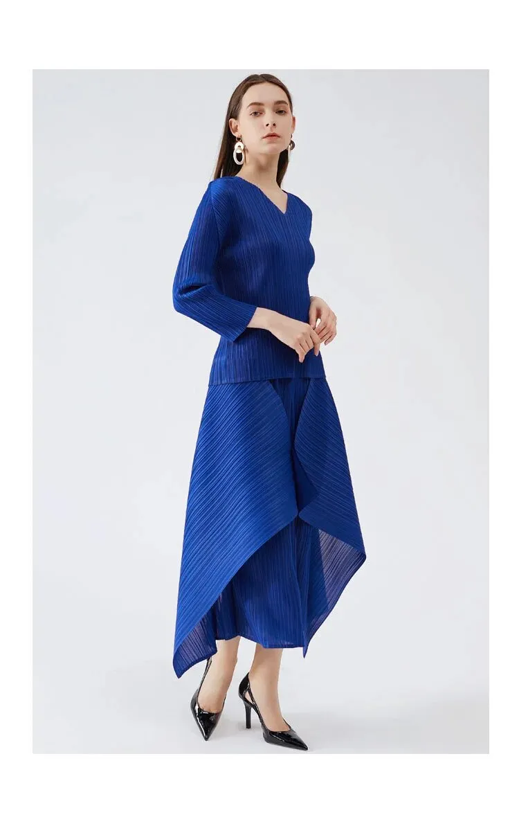 Miyake Pleated Long Sleeve Top and Irregular Hem Skirt Set