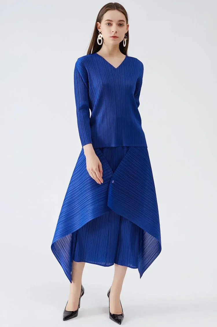 Miyake Pleated Long Sleeve Top and Irregular Hem Skirt Set