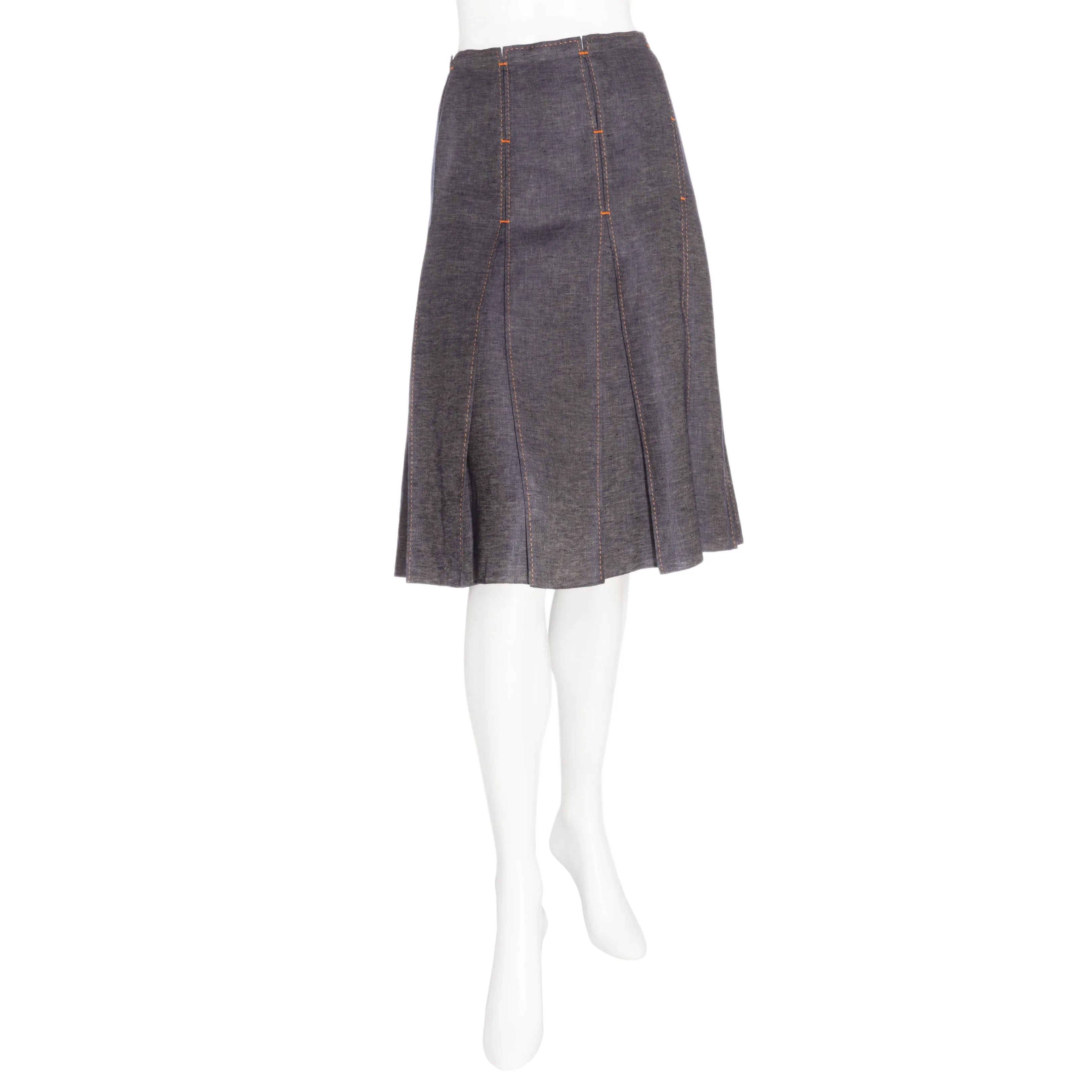 Navy Blue Linen Pleated A-Line Skirt