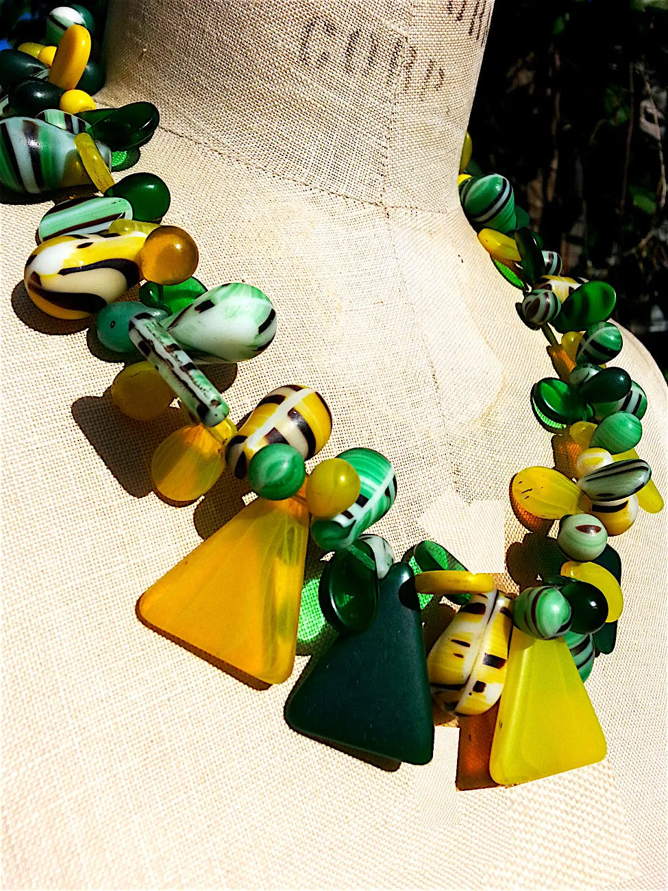 Necklace Mix Of African And Czech Glass Yellow and Green