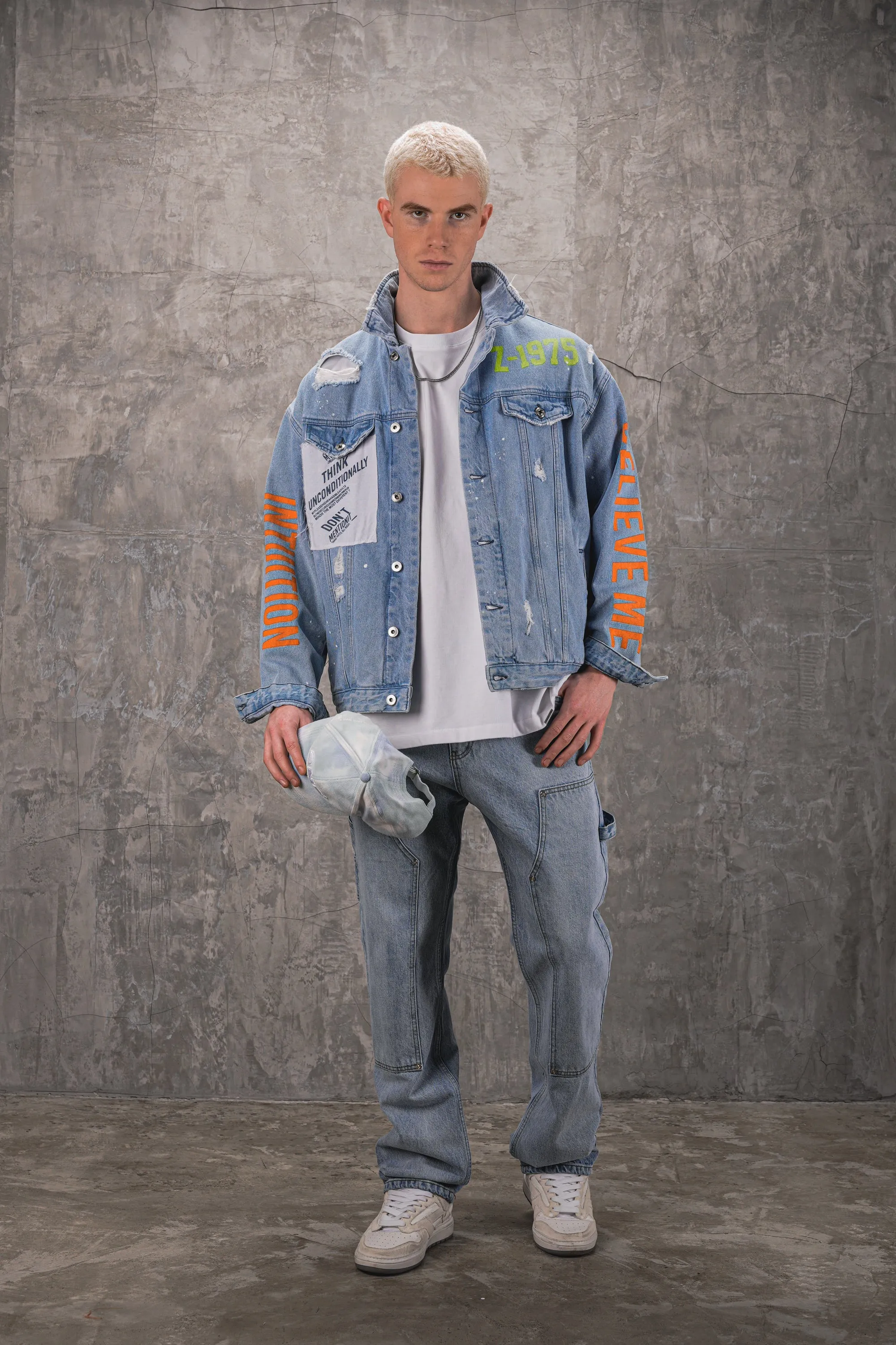 Patched Printed Premium Blue Denim Jacket - Blue