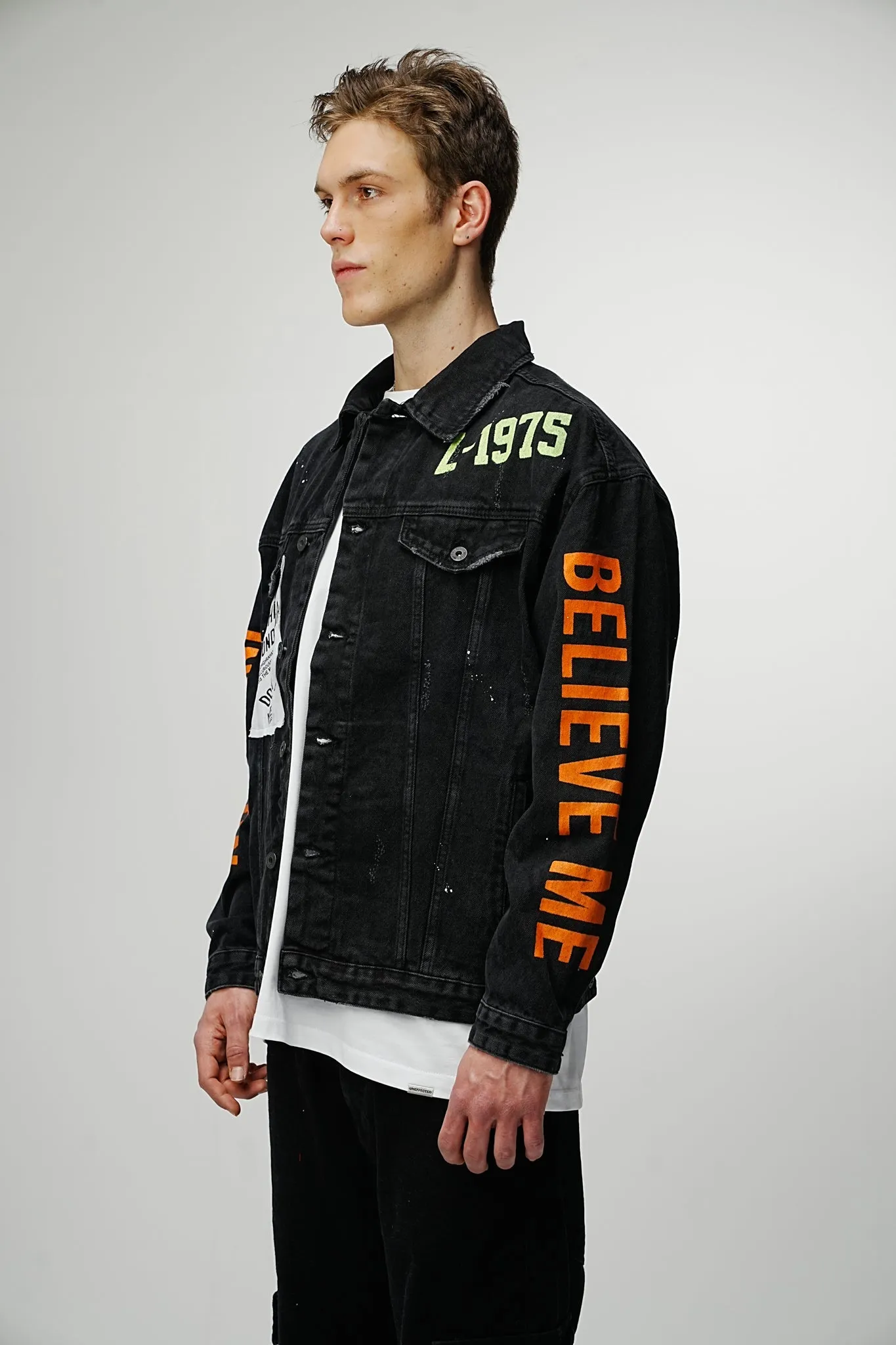 Patched Printed Premium Denim Jacket - Black