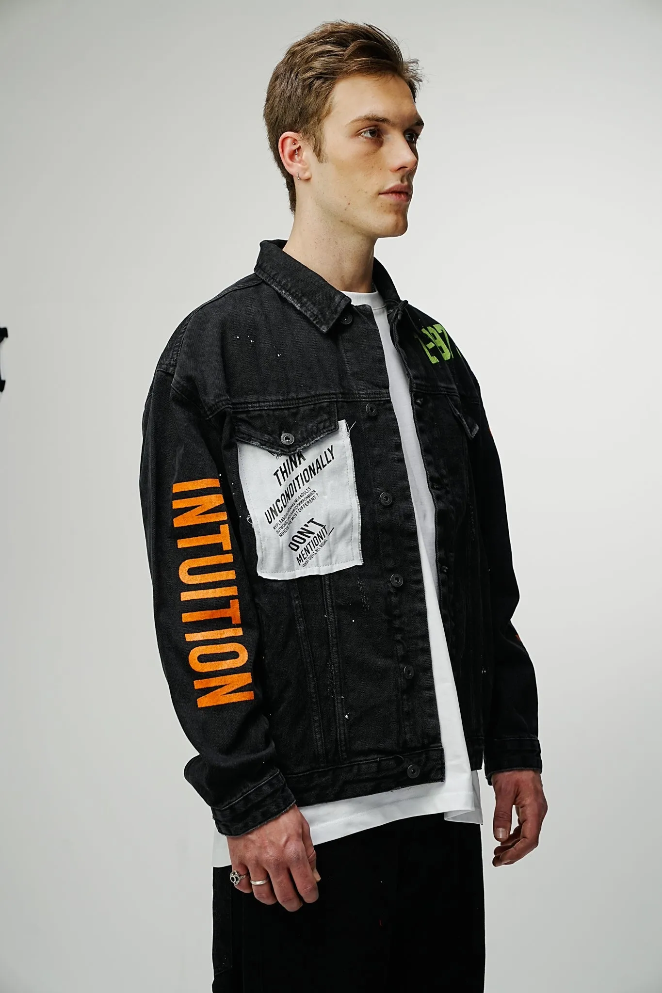 Patched Printed Premium Denim Jacket - Black