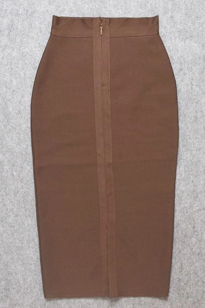 Pencil High Waist Bandage Midi Skirt - Tan Brown