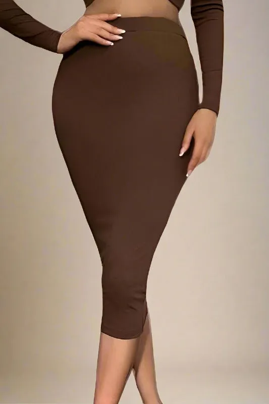 Pencil High Waist Bandage Midi Skirt - Tan Brown