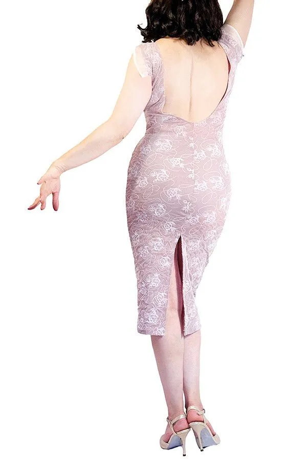 pink whisper lace tango dress with open back and back slit