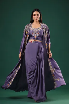 Purple Embellished Chinon Silk Skirt Set