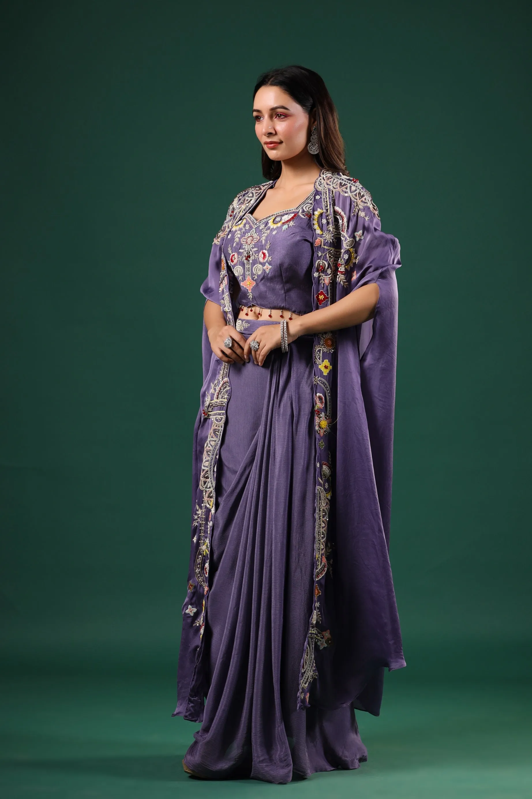 Purple Embellished Chinon Silk Skirt Set