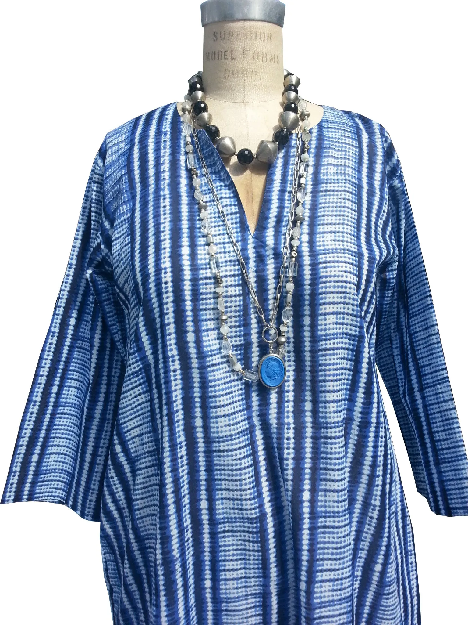 Raja Cotton Long Tunic Blue and White Shibori