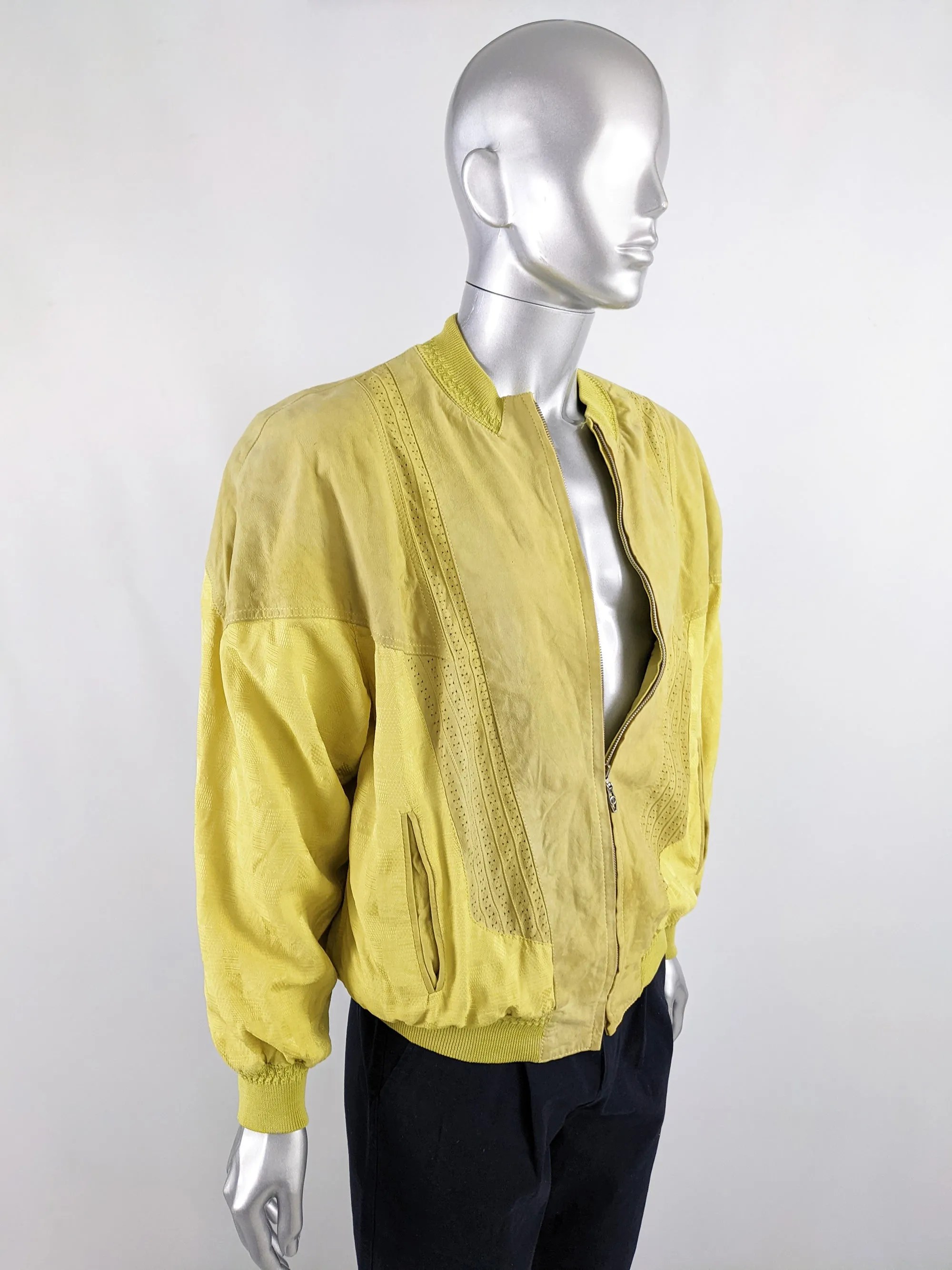 Richard Gelding Mens Vintage Yellow Suede & Silk Bomber Jacket, 1980s