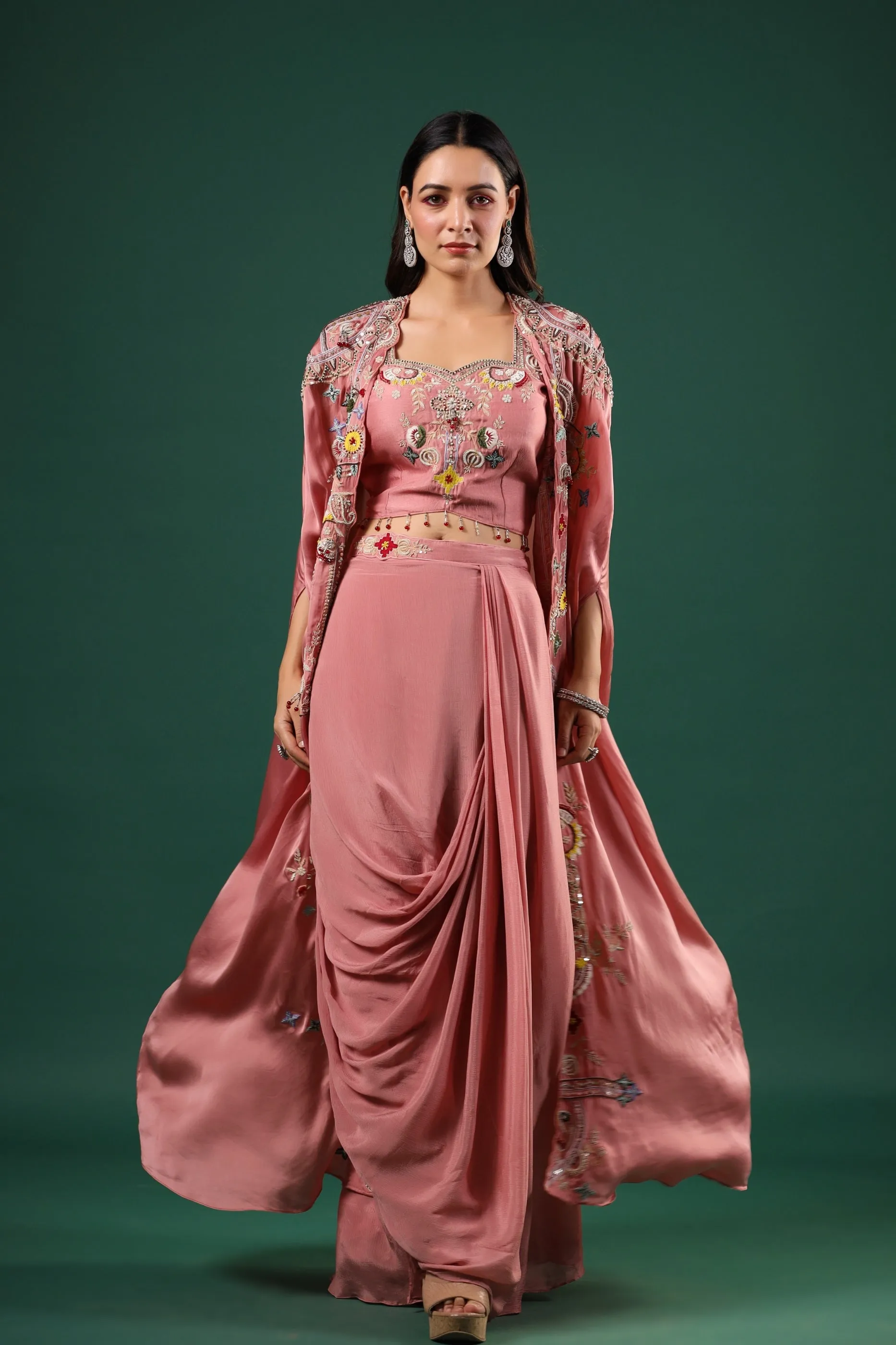 Rouge Pink Embellished Chinon Silk Skirt Set