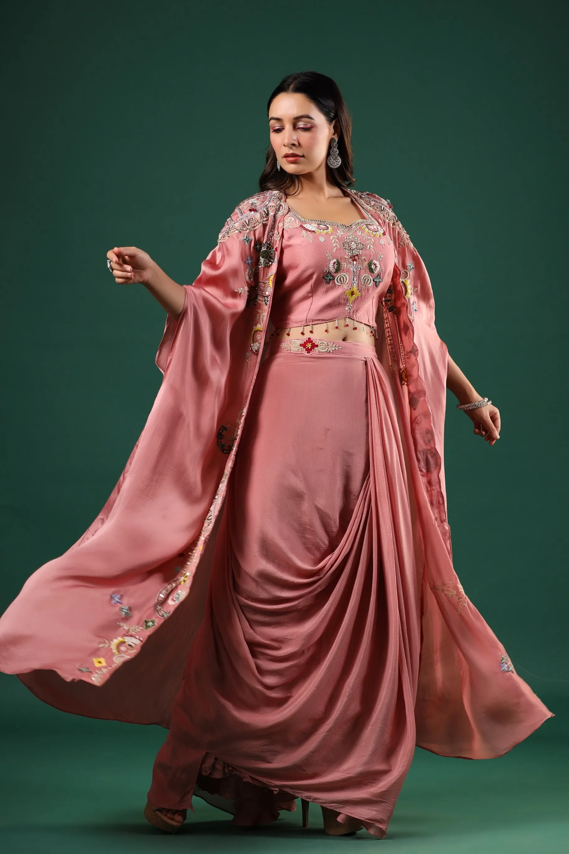 Rouge Pink Embellished Chinon Silk Skirt Set