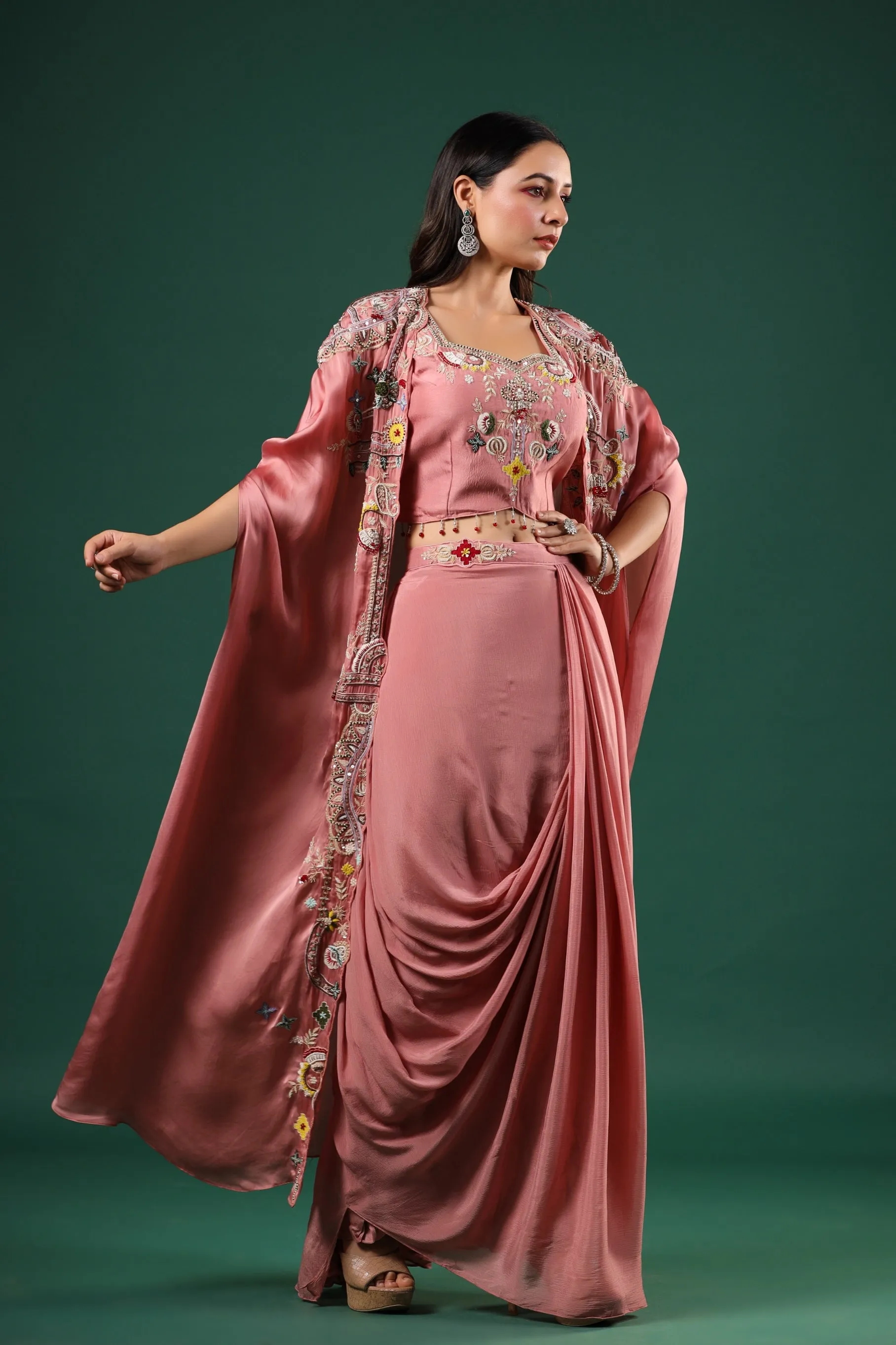 Rouge Pink Embellished Chinon Silk Skirt Set