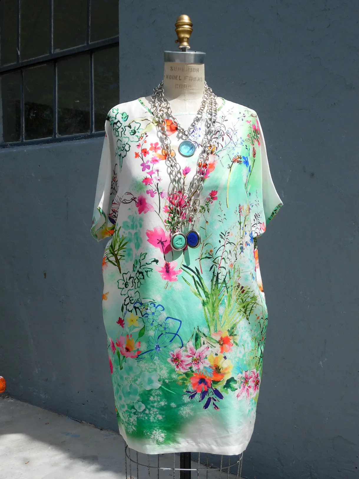 SILK BLOUSON TOP OR MINIDRESS FLORAL