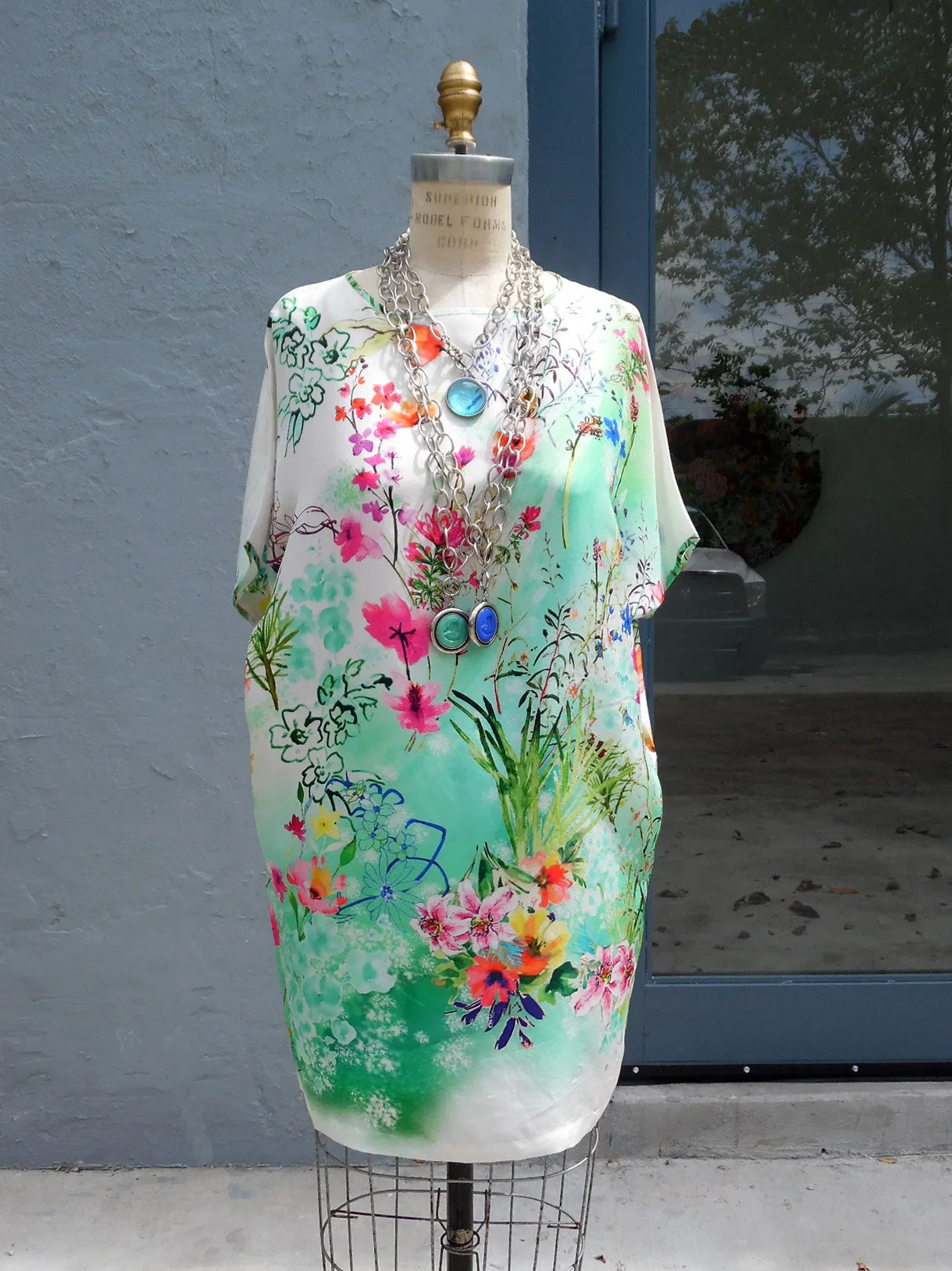 SILK BLOUSON TOP OR MINIDRESS FLORAL