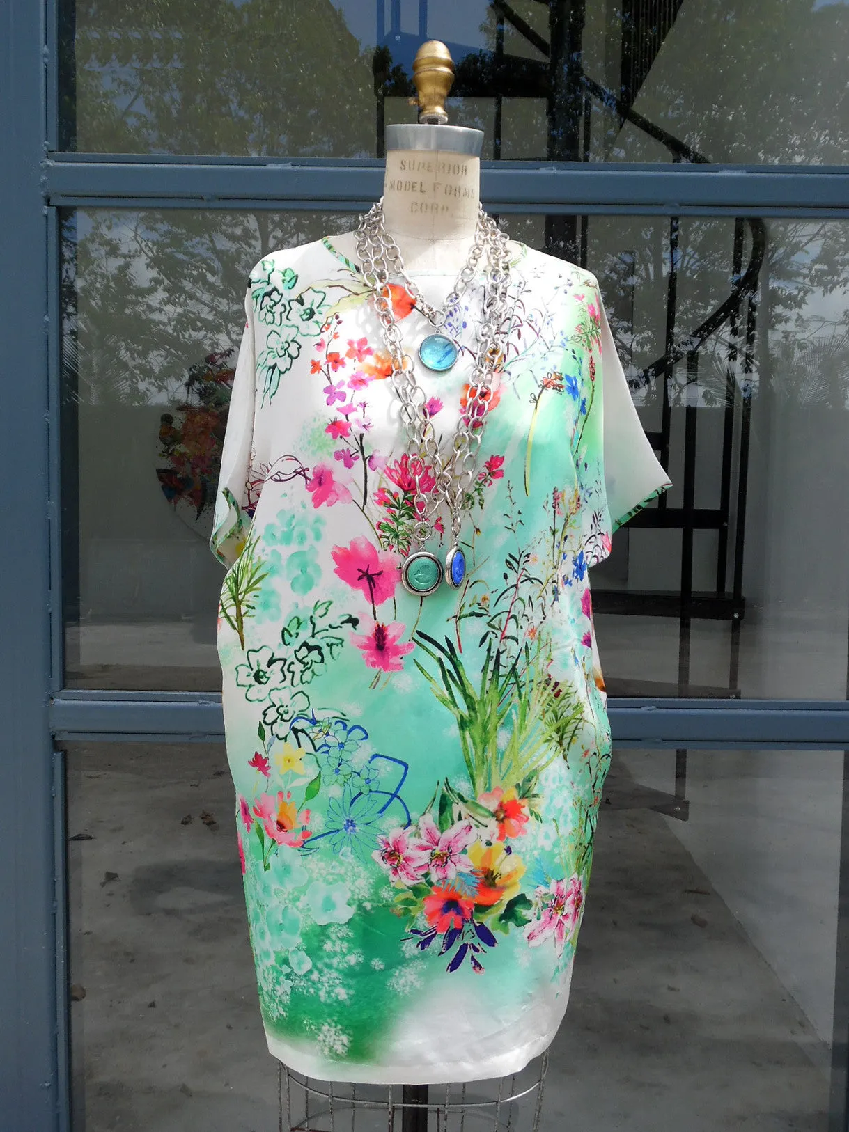 SILK BLOUSON TOP OR MINIDRESS FLORAL