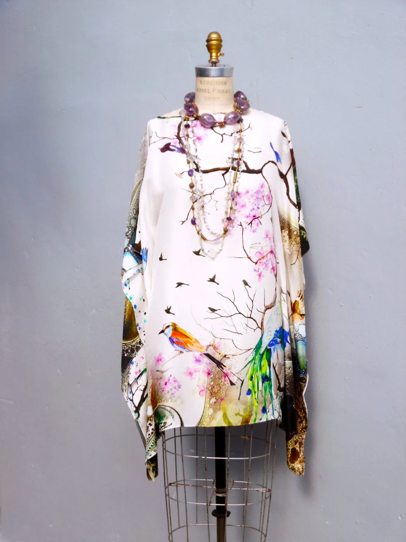 Silk Caftan Japanese Birds And Flowers