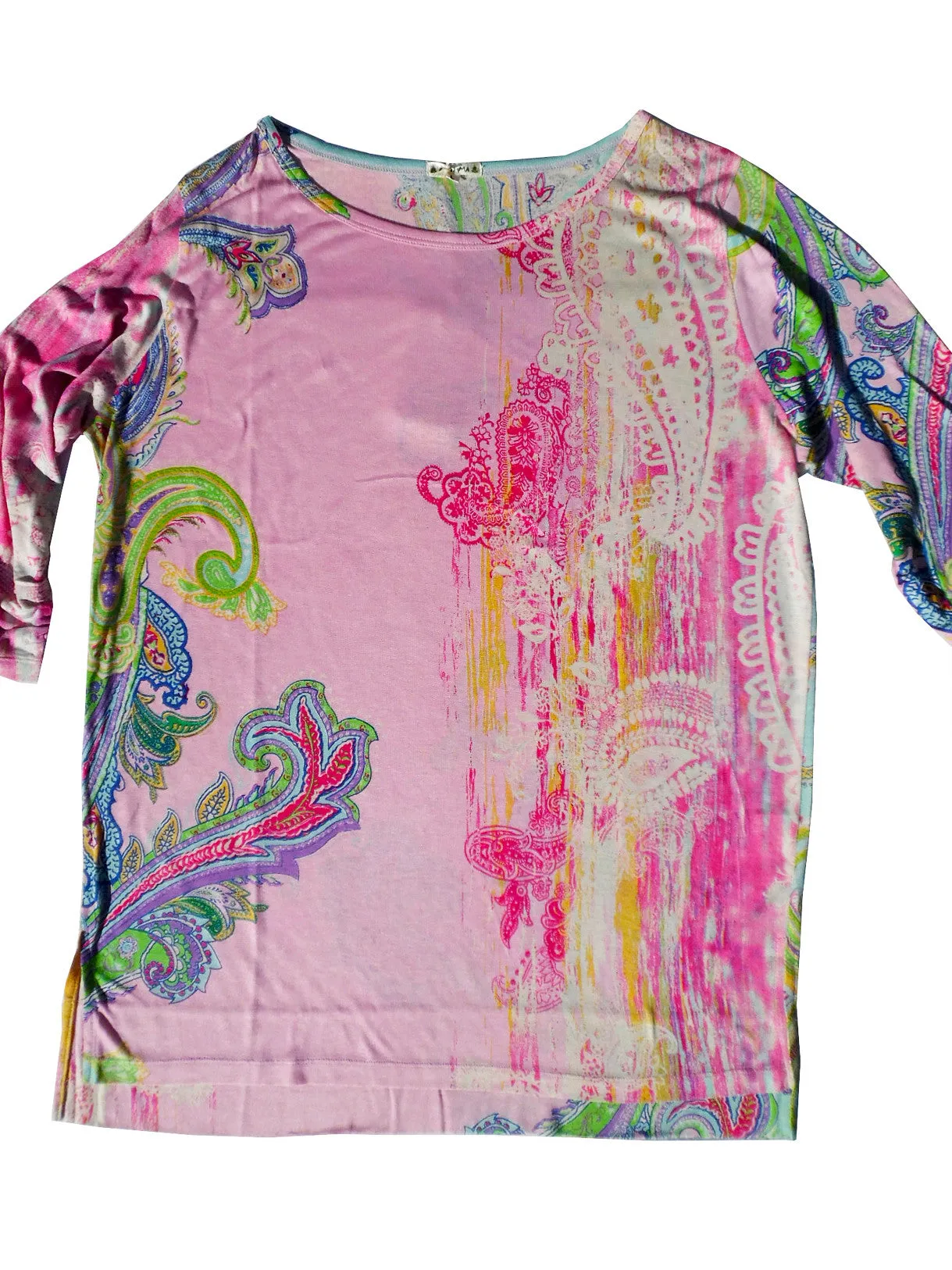 Silk Cotton Long 3/4 Sleeve Tee Pink Paisley