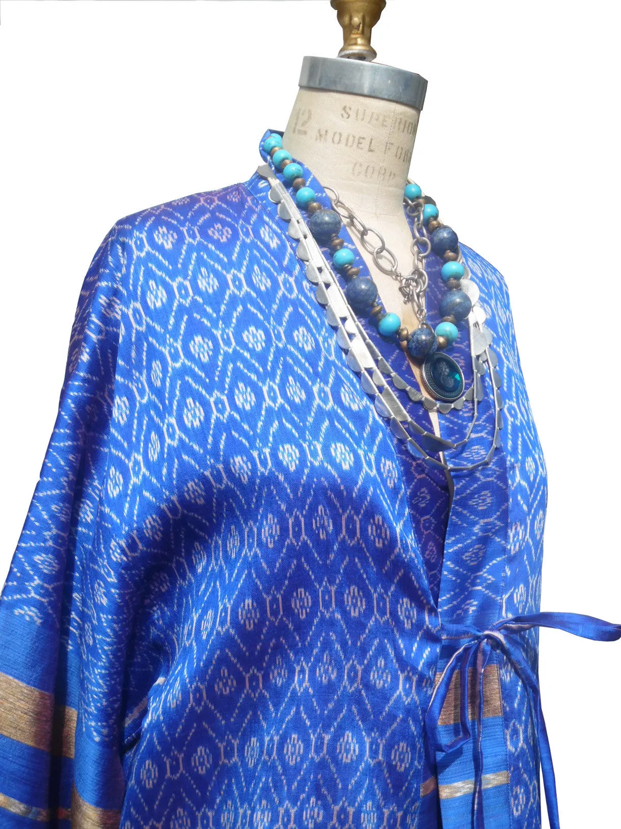 Silk Ikat Organza Kimono Caftan Royal Blue