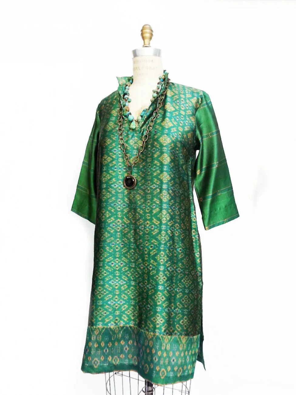 Silk Ikat Organza Long Tunic Deep Green