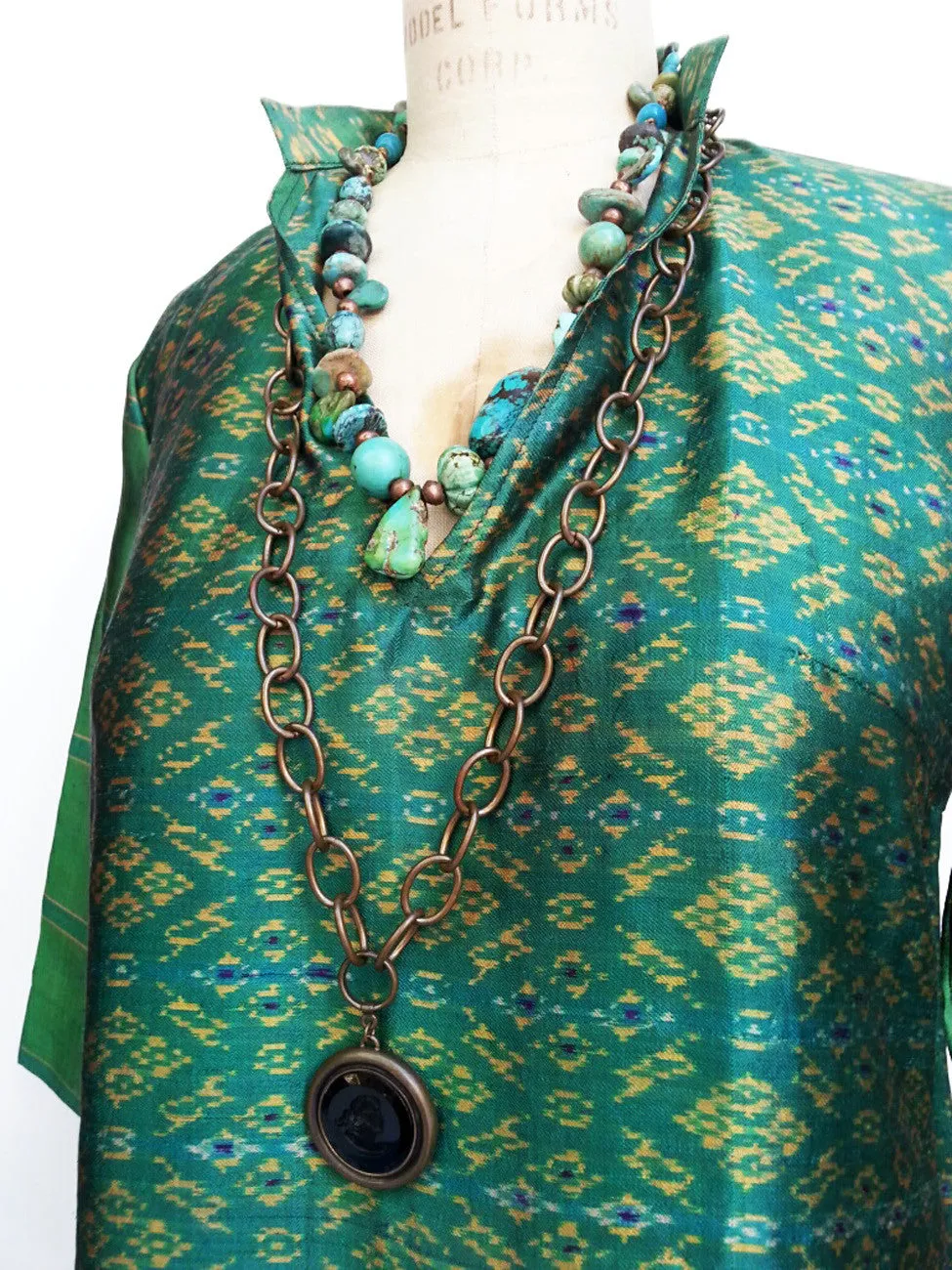 Silk Ikat Organza Long Tunic Deep Green