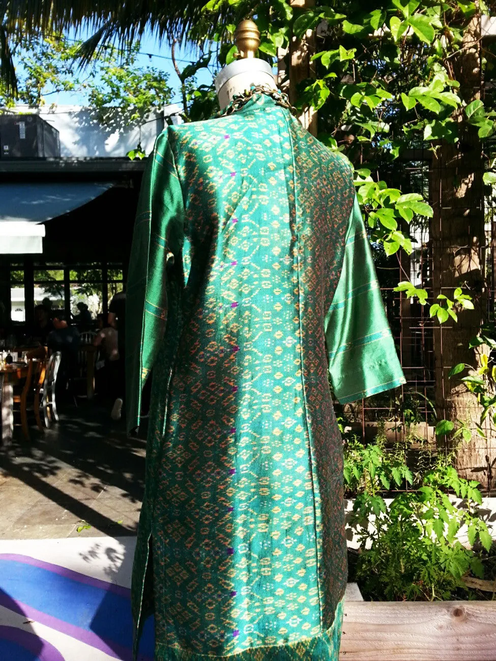 Silk Ikat Organza Long Tunic Deep Green