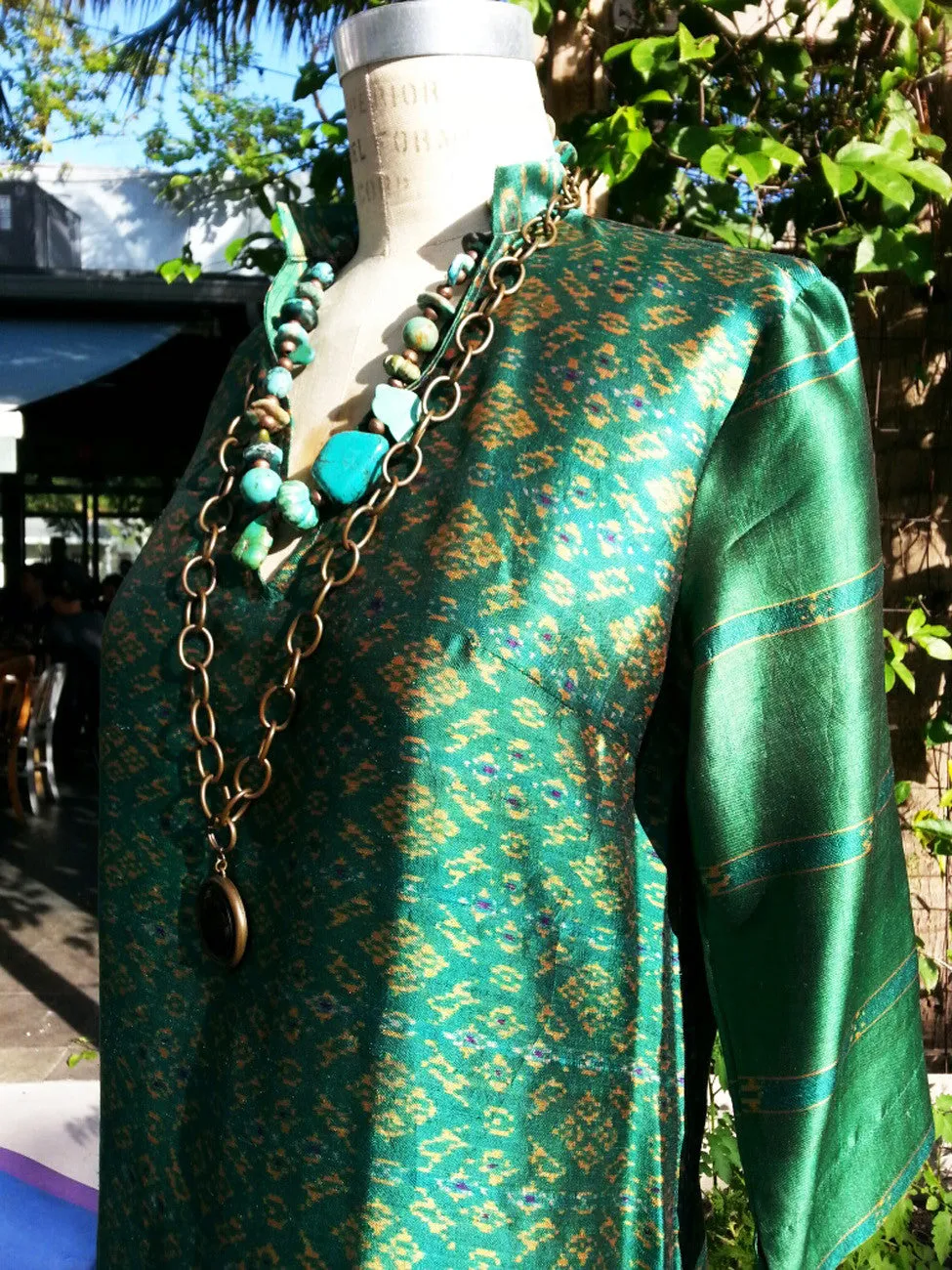 Silk Ikat Organza Long Tunic Deep Green