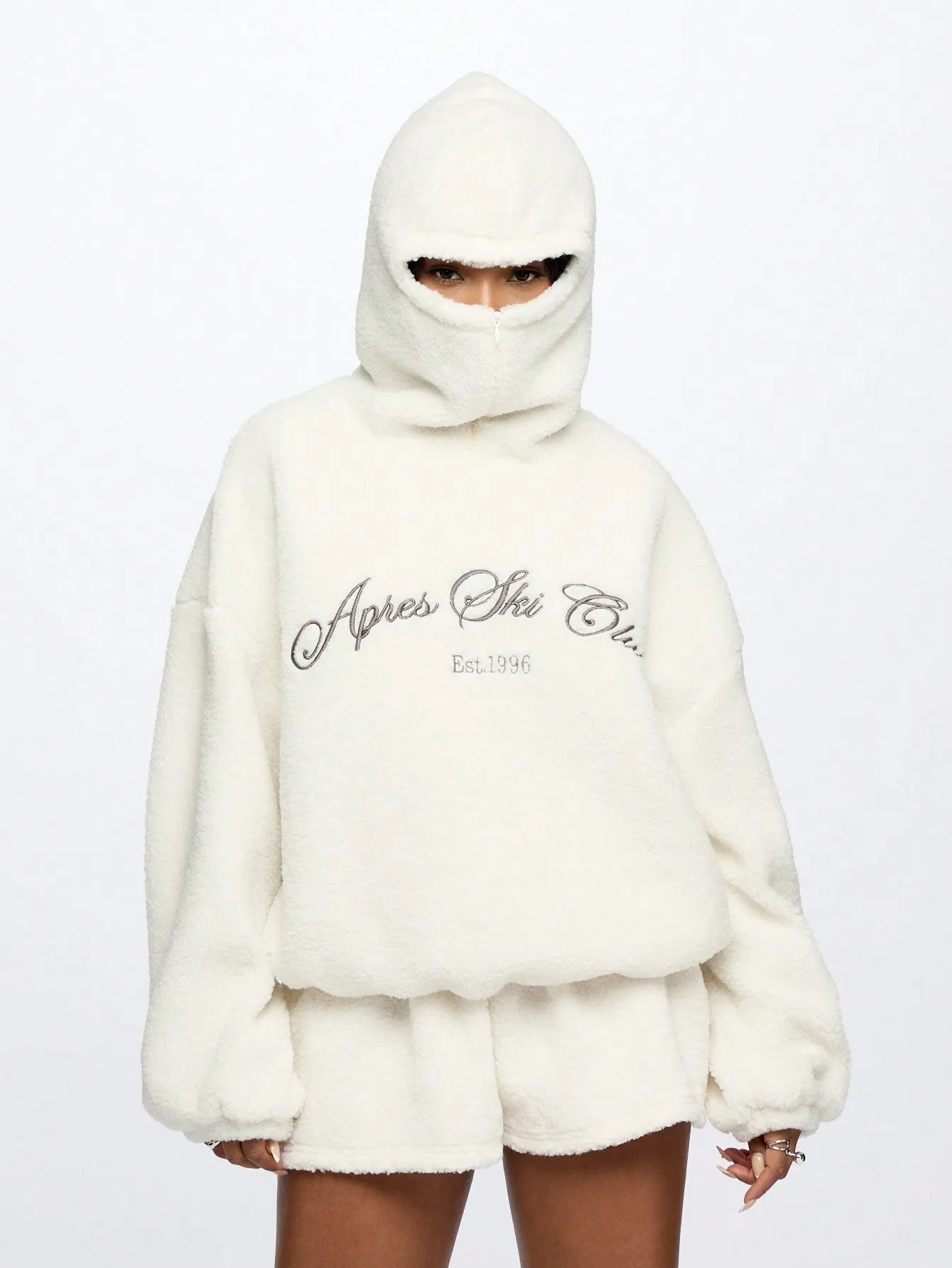 SUMWON WOMEN Borg Graphic Oversized Hoodie With Balaclava Style Hood