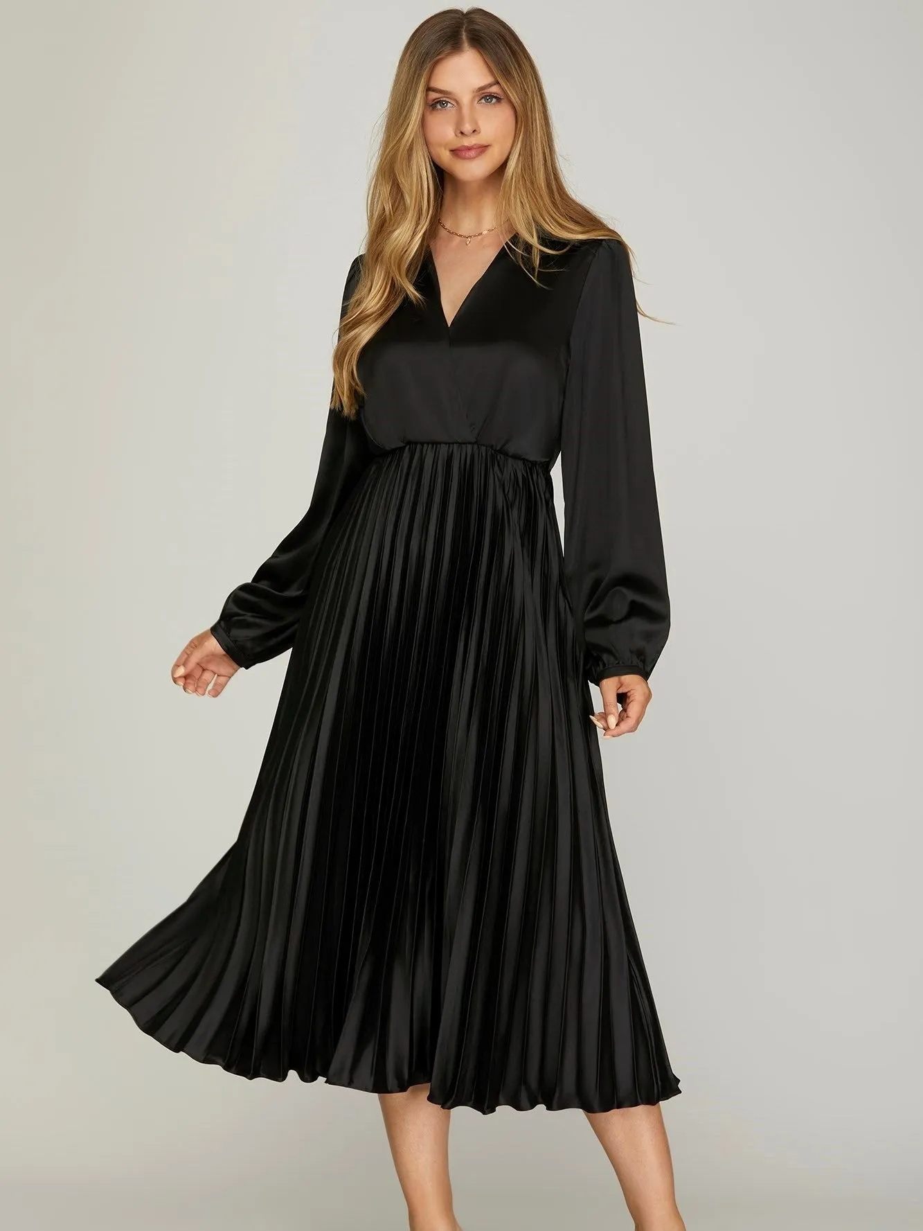 Surplice Pleated Midi Dress